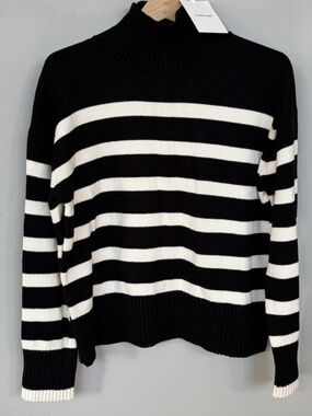 Everlane Organic Cotton Mock T Neck Striped Sweater Black/Canvas Small NWT